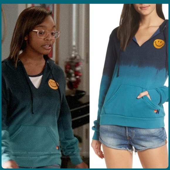 Aviator Nation Women’s Blue/Green Smiley Face Embroidered Hombre V-NeckHoodie😃 - Picture 1 of 13